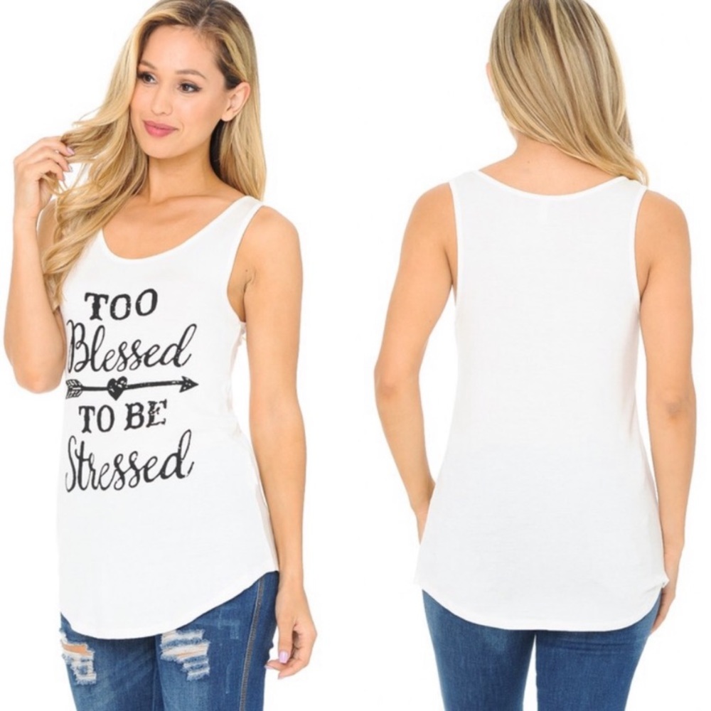 ‘Too blessed to be stressed’ quote White black tank top Small S Medium M Large L - Picture 3 of 6